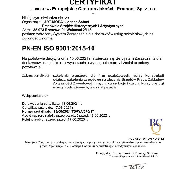 Art-Moda Certifikat ISO 9001:2015-10